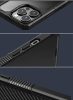 Apple iPhone 13 Pro Max, Szilikon keret + műanyag hátlap tok, közepesen ütésálló, légpárnás sarok, karbon minta, átlátszó/kék