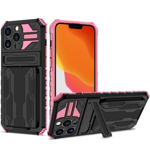 Apple iPhone 12 Pro, Műanyag hátlap védőtok szilikon belső, közepesen ütésálló, kitámasztóval, kártyatartóval, Wooze Transformer, fekete/rózsaszín