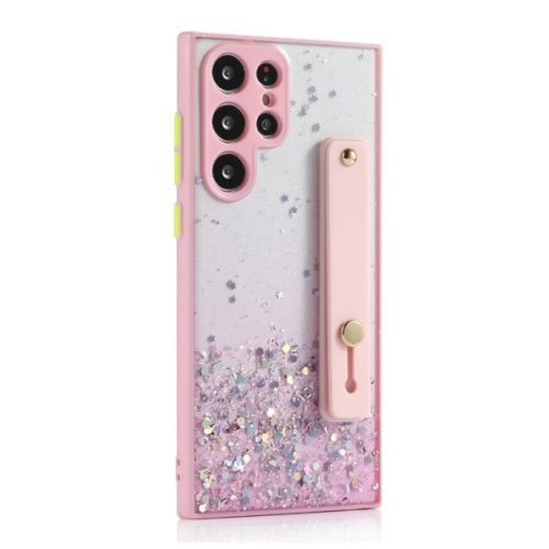 Apple iPhone 13 Mini, Szilikon tok, közepesen ütésálló, kézpánttal, színátmenetes, csillogó minta, Wooze Strap Star, mintás/rózsaszín
