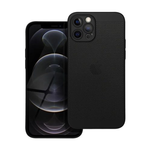 Apple iPhone 12 Pro, Műanyag hátlap védőtok, légáteresztő, lyukacsos minta, Breezy, fekete