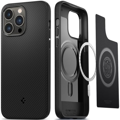 Apple iPhone 14 Pro Max, Szilikon tok, Magsafe töltővel kompatibilis, csíkos minta, Spigen Core Armor Mag, fekete
