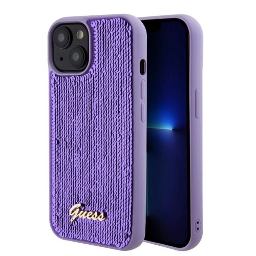 Guess Sequin Script Logo tok iPhone 15 Plus készülékhez lila