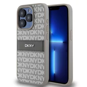   DKNY PU Leather Repeat Pattern Tonal Stripe tok iPhone 14 Pro Max készülékhez, bézs