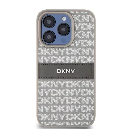 DKNY PU Leather Repeat Pattern Tonal Stripe tok iPhone 14 Pro Max készülékhez, bézs