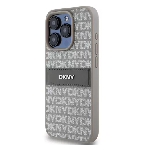 DKNY PU Leather Repeat Pattern Tonal Stripe tok iPhone 14 Pro Max készülékhez, bézs