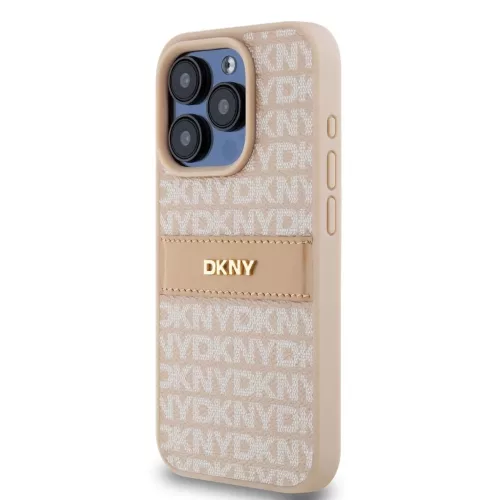 DKNY PU Leather Repeat Pattern Tonal Stripe tok iPhone 14 Pro Max készülékhez rózsaszín