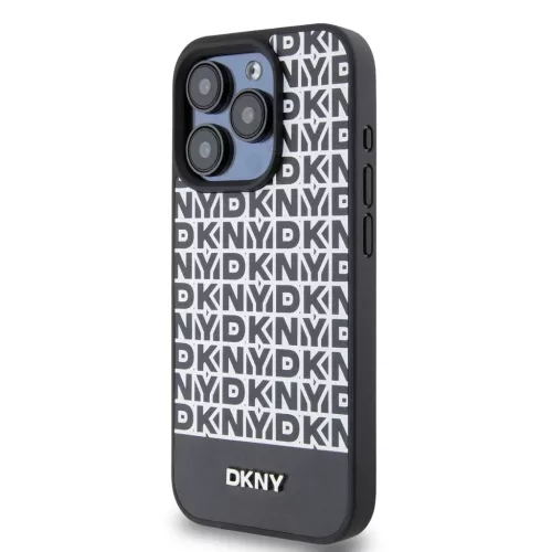 DKNY PU Leather Repeat Pattern Bottom Stripe MagSafe tok iPhone 14 Pro Max készülékhez fekete