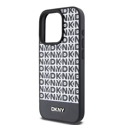 DKNY PU Leather Repeat Pattern Bottom Stripe MagSafe tok iPhone 14 Pro Max készülékhez fekete