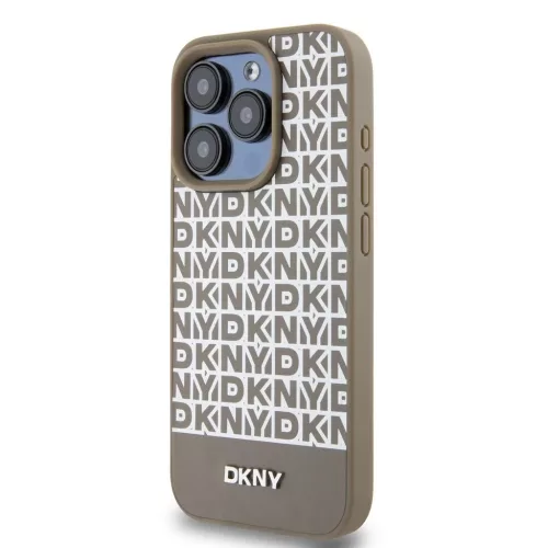 DKNY PU Leather Repeat Pattern Bottom Stripe MagSafe tok iPhone 14 Pro Max készülékhez barna