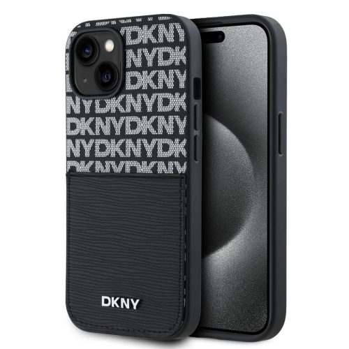 DKNY PU Leather Repeat Pattern kártyatartós tok iPhone 15 készülékhez fekete