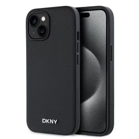   DKNY PU bőr ezüst fém logó Magsafe tok iPhone 14 készülékhez fekete