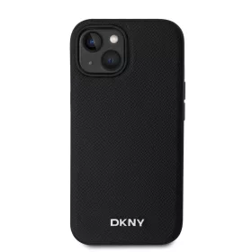   DKNY PU bőr ezüst fém logó Magsafe tok iPhone 14 készülékhez fekete