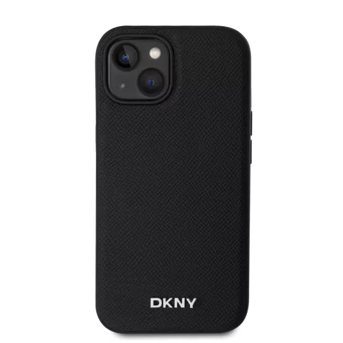 DKNY PU bőr ezüst fém logó Magsafe tok iPhone 14 készülékhez fekete