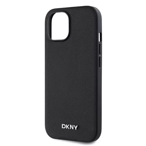 DKNY PU bőr ezüst fém logó Magsafe tok iPhone 14 készülékhez fekete