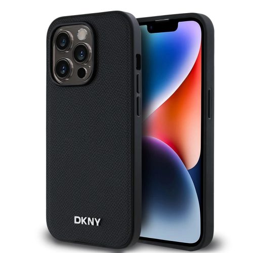 DKNY PU bőr Silver Metal Logo Magsafe tok iPhone 14 Pro készülékhez fekete