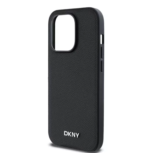 DKNY PU Leather Silver Metal Logo Magsafe tok iPhone 14 Pro Max készülékhez fekete