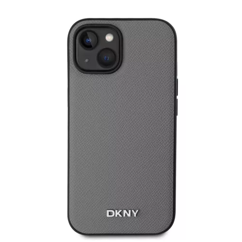 DKNY PU Leather Silver Metal Logo Magsafe tok iPhone 14 készülékhez szürke