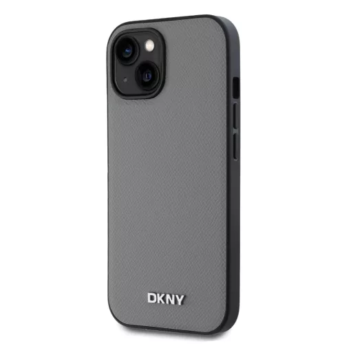 DKNY PU Leather Silver Metal Logo Magsafe tok iPhone 14 készülékhez szürke
