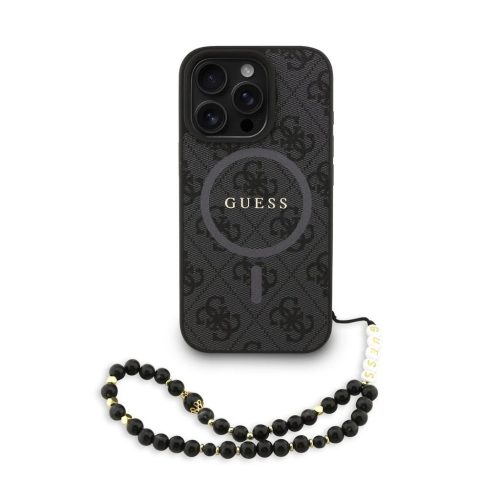 Guess PU bőr 4G színes gyűrűs pánt MagSafe tok iPhone 16 Pro Max készülékhez fekete