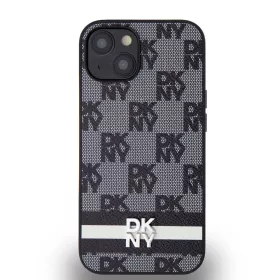   DKNY PU Leather Checkered Pattern and Stripe tok iPhone 14 készülékhez fekete