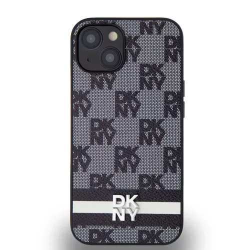 DKNY PU Leather Checkered Pattern and Stripe tok iPhone 14 készülékhez fekete