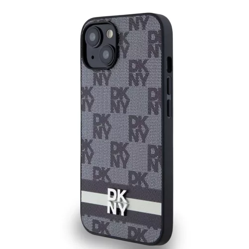 DKNY PU Leather Checkered Pattern and Stripe tok iPhone 14 készülékhez fekete