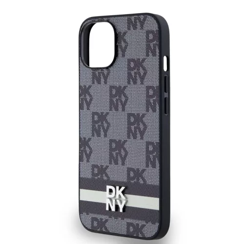 DKNY PU Leather Checkered Pattern and Stripe tok iPhone 14 készülékhez fekete