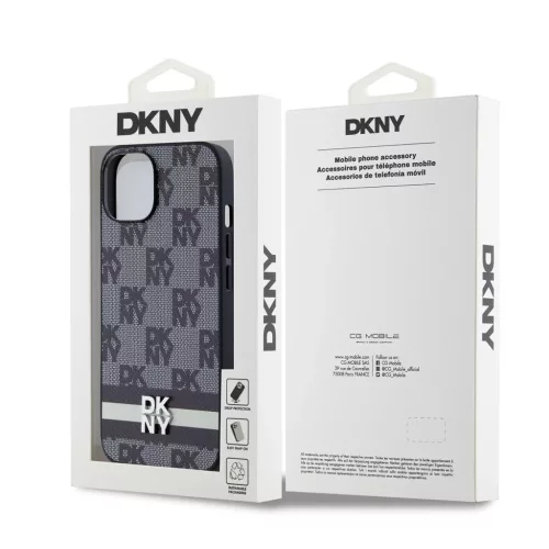 DKNY PU Leather Checkered Pattern and Stripe tok iPhone 14 készülékhez fekete