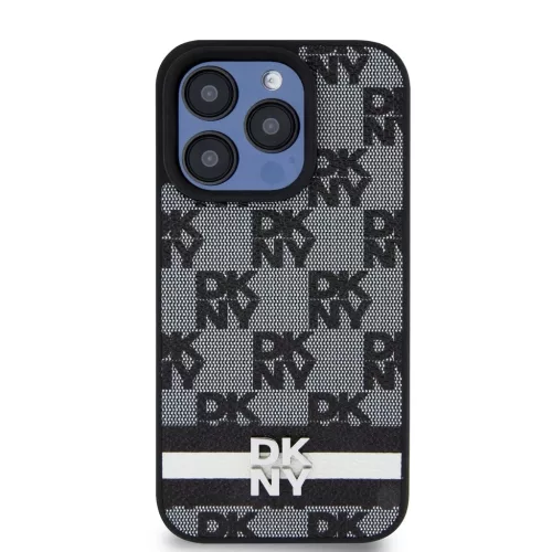 DKNY PU Leather Checkered Pattern and Stripe tok iPhone 14 Pro Max készülékhez fekete