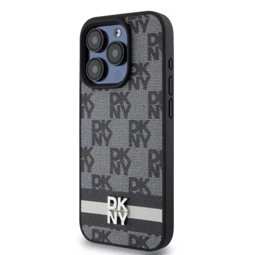 DKNY PU Leather Checkered Pattern and Stripe tok iPhone 14 Pro Max készülékhez fekete