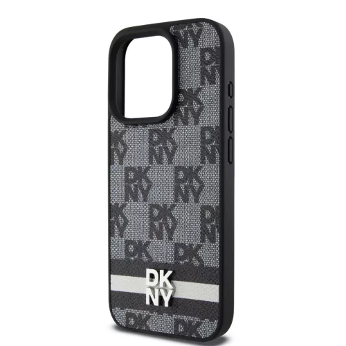 DKNY PU Leather Checkered Pattern and Stripe tok iPhone 14 Pro Max készülékhez fekete