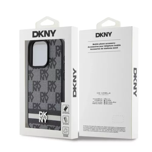 DKNY PU Leather Checkered Pattern and Stripe tok iPhone 14 Pro Max készülékhez fekete