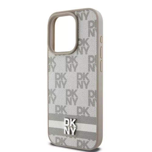 DKNY PU Leather Checkered Pattern and Stripe tok iPhone 13 Pro készülékhez bézs