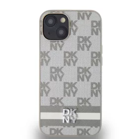   DKNY PU Leather Checkered Pattern and Stripe tok iPhone 14 készülékhez bézs