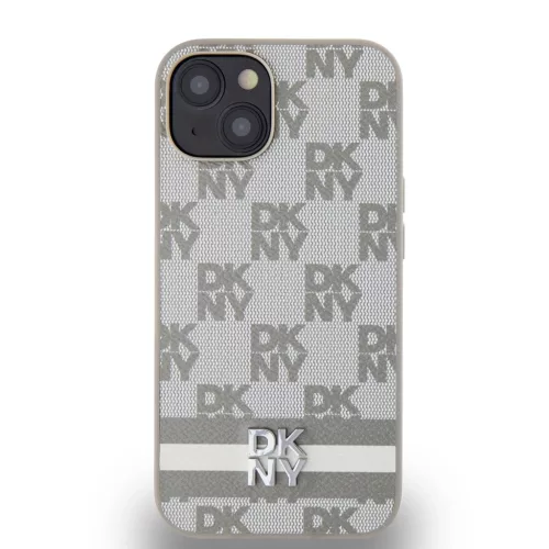 DKNY PU Leather Checkered Pattern and Stripe tok iPhone 14 készülékhez bézs