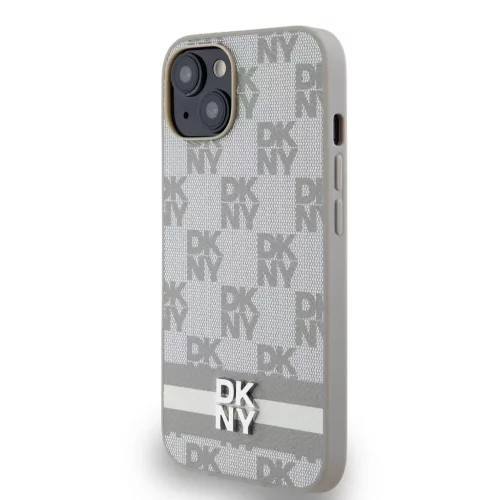 DKNY PU Leather Checkered Pattern and Stripe tok iPhone 14 készülékhez bézs