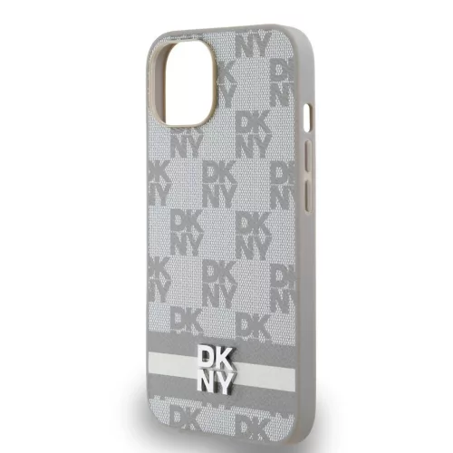 DKNY PU Leather Checkered Pattern and Stripe tok iPhone 14 készülékhez bézs