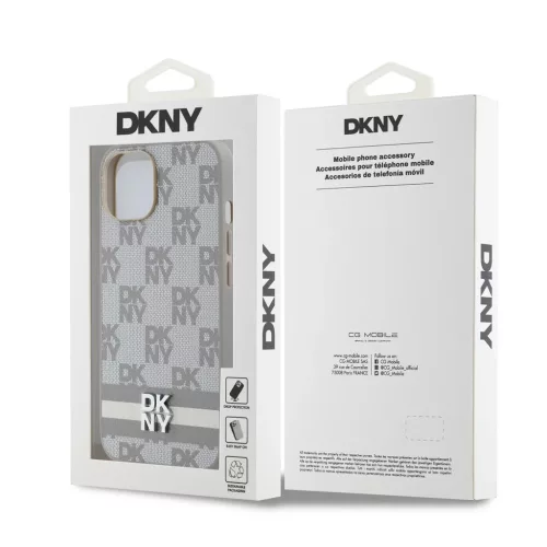 DKNY PU Leather Checkered Pattern and Stripe tok iPhone 14 készülékhez bézs