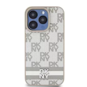   DKNY PU Leather Checkered Pattern and Stripe tok iPhone 14 Pro Max készülékhez bézs