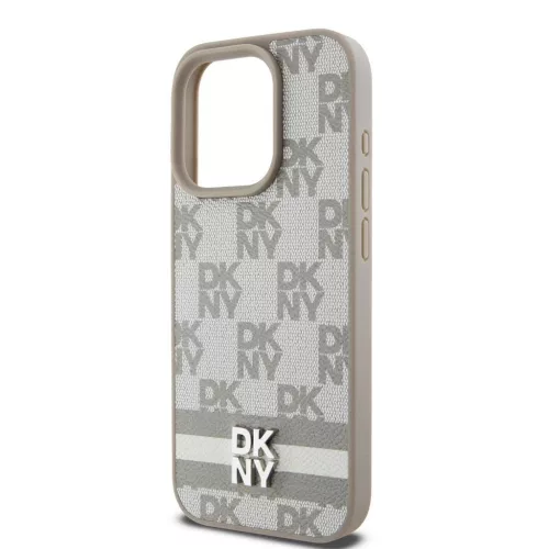 DKNY PU Leather Checkered Pattern and Stripe tok iPhone 14 Pro Max készülékhez bézs
