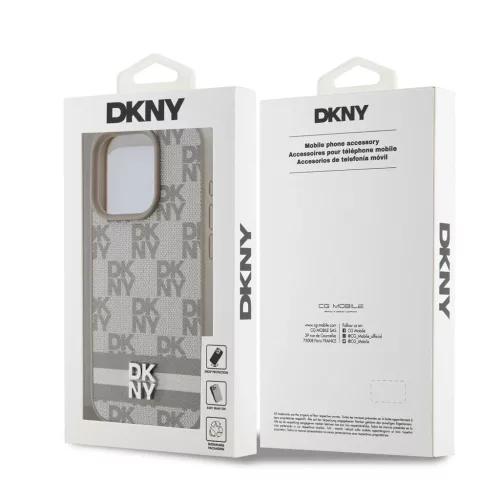 DKNY PU Leather Checkered Pattern and Stripe tok iPhone 14 Pro Max készülékhez bézs