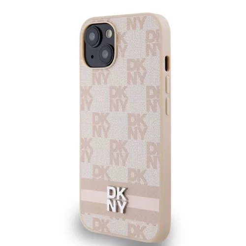 DKNY PU bőr Checkered Pattern and Stripe tok iPhone 14 készülékhez rózsaszín