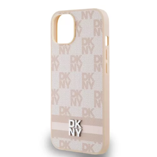 DKNY PU bőr Checkered Pattern and Stripe tok iPhone 14 készülékhez rózsaszín
