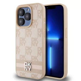   DKNY PU Leather Checkered Pattern and Stripe tok iPhone 14 Pro Max készülékhez rózsaszín
