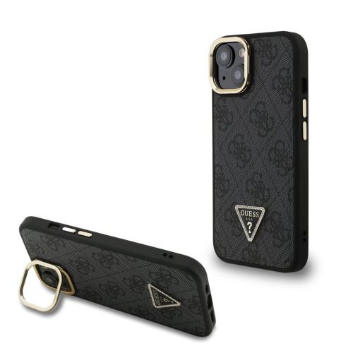 Guess PU 4G Strass Triangle Logo Stand Camera Frame MagSafe tok iPhone 14 készülékhez fekete