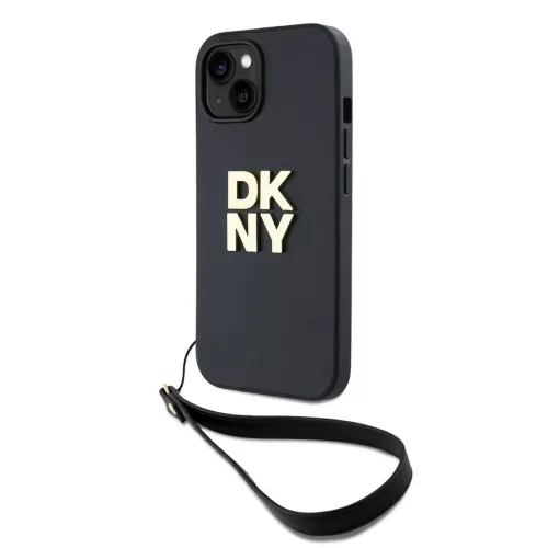 DKNY PU Leather Stack Logo Wrist Strap tok iPhone 14 készülékhez fekete