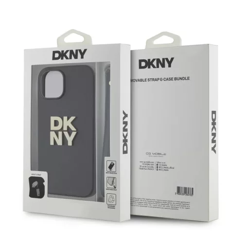DKNY PU Leather Stack Logo Wrist Strap tok iPhone 14 készülékhez fekete