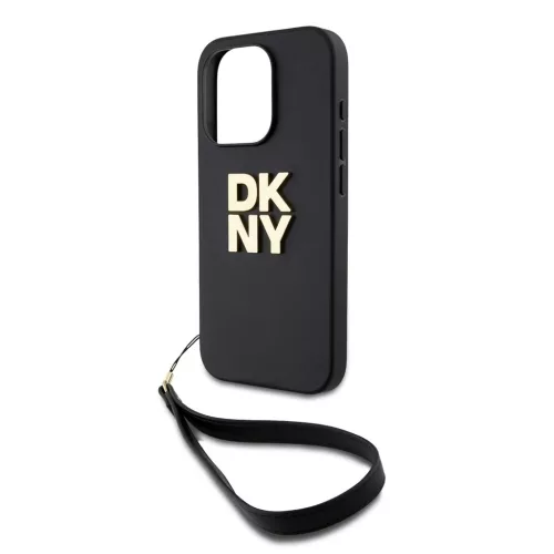 DKNY PU bőr Stack Logo csuklópántos tok iPhone 14 Pro Max készülékhez fekete