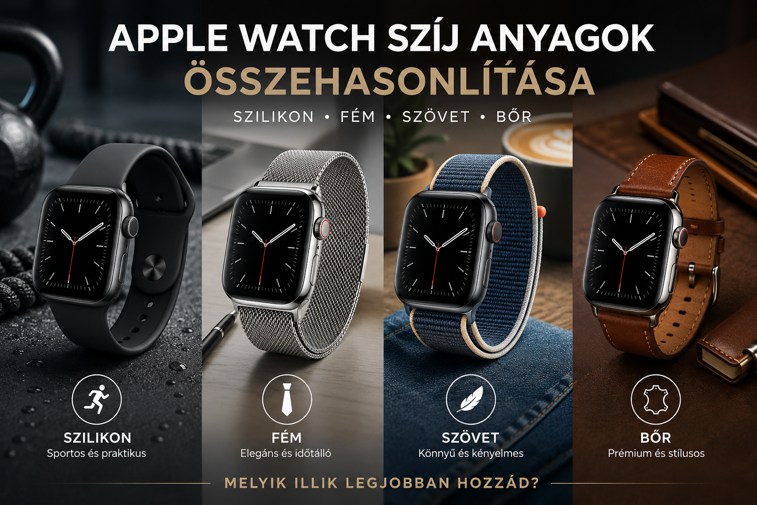 Apple Watch szíj anyagok összehasonlítása: szilikon, fém, szövet vagy bőr?